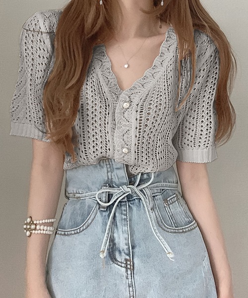 Girly Doll（ガーリードール）の「クロシェ編みカーディガン（カーディガン/ボレロ・レディース・ホワイト/レッド/ネイビー/キャメル/ブラック/グレー/ベージュ・FREE）」の3枚目の写真