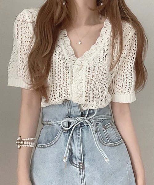 Girly Doll（ガーリードール）の「クロシェ編みカーディガン（カーディガン/ボレロ・レディース・ホワイト/レッド/ネイビー/キャメル/ブラック/グレー/ベージュ・FREE）」の9枚目の写真