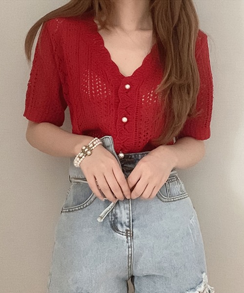 Girly Doll（ガーリードール）の「クロシェ編みカーディガン（カーディガン/ボレロ・レディース・ホワイト/レッド/ネイビー/キャメル/ブラック/グレー/ベージュ・FREE）」の21枚目の写真