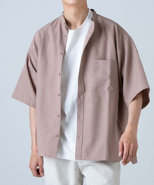 WEGO（ウィゴー）の「WEGO/リネンライクバンドカラー5分袖シャツ（シャツ/ブラウス・メンズ・ピンク/ベージュ/ラベンダー/ブラック/ワイン/ダークオレンジ・SMALL/MEDIUM/LARGE）」の5枚目の写真