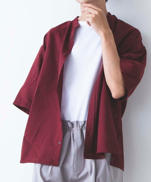 WEGO（ウィゴー）の「WEGO/リネンライクバンドカラー5分袖シャツ（シャツ/ブラウス・メンズ・ピンク/ベージュ/ラベンダー/ブラック/ワイン/ダークオレンジ・SMALL/MEDIUM/LARGE）」の6枚目の写真