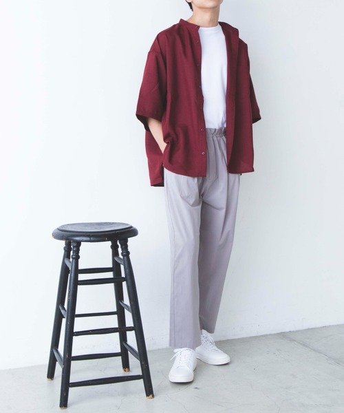 WEGO（ウィゴー）の「WEGO/リネンライクバンドカラー5分袖シャツ（シャツ/ブラウス・メンズ・ピンク/ベージュ/ラベンダー/ブラック/ワイン/ダークオレンジ・SMALL/MEDIUM/LARGE）」の7枚目の写真