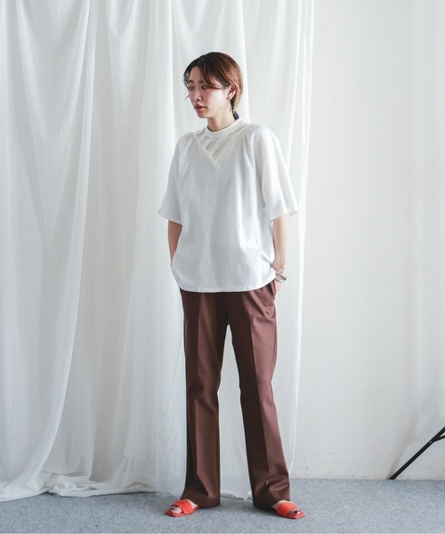 FIL DE FER（フィルデフェール）の「ダブルクロスストレッチ　イージーフレアパンツ（スラックス・レディース・ブラック/ブラウン・FREE）」の9枚目の写真