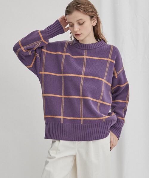 WRAPINKNOT(ラッピンノット)の「【WRAPINKNOT(ラッピンノット)】《STUDIOUS別注》バイカラーチェックニット LPO26(ニット/セーター・レディース・ホワイト/ブラウン/グリーン/パープル・FREE)」の4枚目の写真