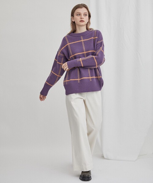 WRAPINKNOT(ラッピンノット)の「【WRAPINKNOT(ラッピンノット)】《STUDIOUS別注》バイカラーチェックニット LPO26(ニット/セーター・レディース・ホワイト/ブラウン/グリーン/パープル・FREE)」の16枚目の写真