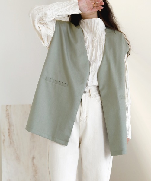 Bab(バブ)の「【セットアップ対応】ノーカラーベスト(ベスト・レディース・ブラウン/ライトグリーン/ベージュ・M)」の8枚目の写真