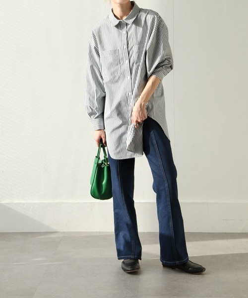 Chillfar（チルファー）の「ストライプルーズシャツ ビッグシルエット（シャツ/ブラウス・レディース・グリーン/ネイビー/ブラック・MEDIUM/LARGE）」の13枚目の写真