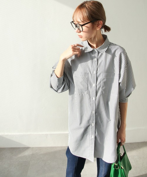 Chillfar（チルファー）の「ストライプルーズシャツ ビッグシルエット（シャツ/ブラウス・レディース・グリーン/ネイビー/ブラック・MEDIUM/LARGE）」の14枚目の写真