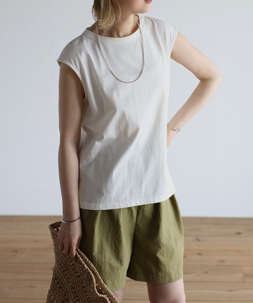 Bonjour Sagan（ボンジュールサガン）の「オーガニックコットンフレンチスリーブT（Tシャツ/カットソー・レディース・ホワイト/チャコールグレー/ブラック/ピンク/オレンジ/グリーン/ブルー・FREE）」の2枚目の写真