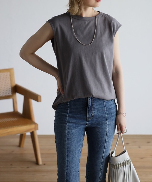 Bonjour Sagan（ボンジュールサガン）の「オーガニックコットンフレンチスリーブT（Tシャツ/カットソー・レディース・ホワイト/チャコールグレー/ブラック/ピンク/オレンジ/グリーン/ブルー・FREE）」の4枚目の写真