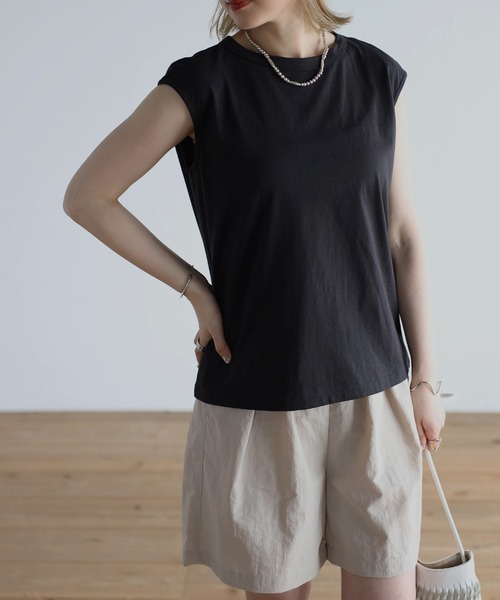 Bonjour Sagan（ボンジュールサガン）の「オーガニックコットンフレンチスリーブT（Tシャツ/カットソー・レディース・ホワイト/チャコールグレー/ブラック/ピンク/オレンジ/グリーン/ブルー・FREE）」の3枚目の写真