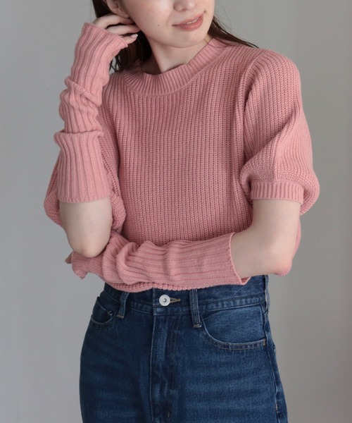 fredy emue（フレディエミュ）の「アームウォーマー付き半袖ニット（ニット/セーター・レディース・ネイビー/オフホワイト/サックスブルー/ピンク/ベビーピンク・38）」の5枚目の写真