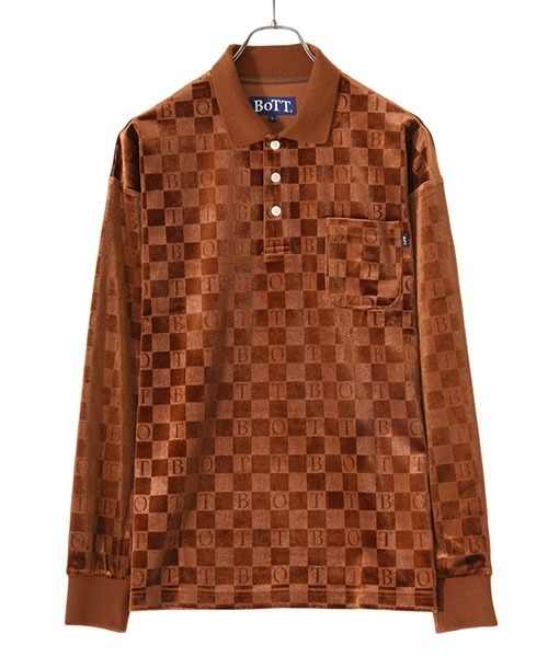 BOTT（ボット）の「BOTT / ボット：Checkerboard Velour Polo：22B-SH2[WAX]（Tシャツ/カットソー・メンズ・ライトブルー/ブラウン・XL/L/M）」の2枚目の写真