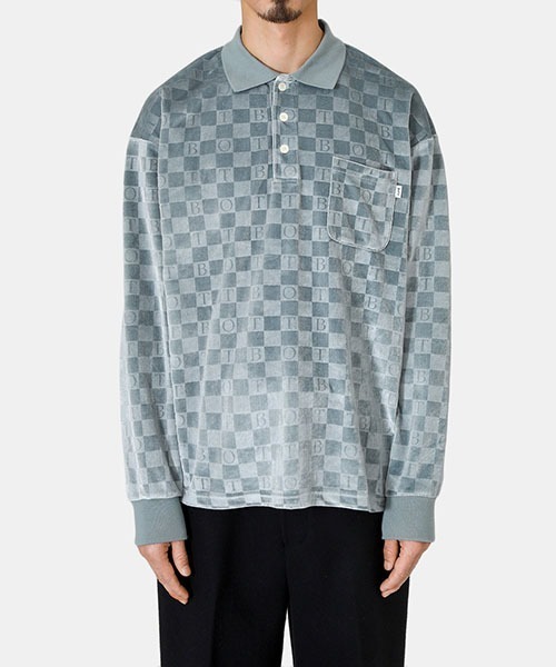 BOTT（ボット）の「BOTT / ボット：Checkerboard Velour Polo：22B-SH2[WAX]（Tシャツ/カットソー・メンズ・ライトブルー/ブラウン・XL/L/M）」の6枚目の写真