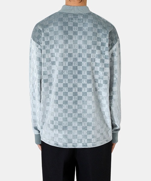 BOTT（ボット）の「BOTT / ボット：Checkerboard Velour Polo：22B-SH2[WAX]（Tシャツ/カットソー・メンズ・ライトブルー/ブラウン・XL/L/M）」の4枚目の写真