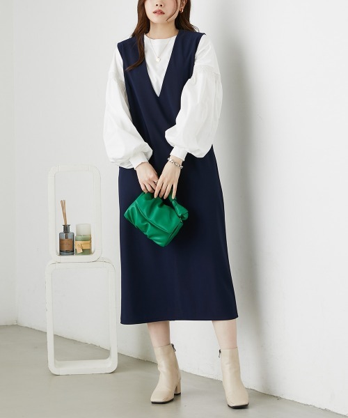 nissen（ニッセン）の「リップルジャンパースカート（Vネック・キーネック）（ジャンパースカート・レディース・ベージュ/グリーン/ブラウン/ベージュ系その他/ブラック系その他/ブラック/ブラウン系その他/ネイビー・L-XL/S-M）」の8枚目の写真