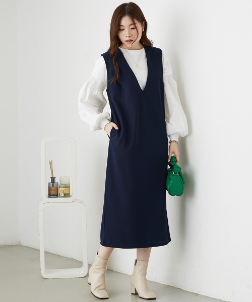 nissen（ニッセン）の「リップルジャンパースカート（Vネック・キーネック）（ジャンパースカート・レディース・ベージュ/グリーン/ブラウン/ベージュ系その他/ブラック系その他/ブラック/ブラウン系その他/ネイビー・L-XL/S-M）」の22枚目の写真