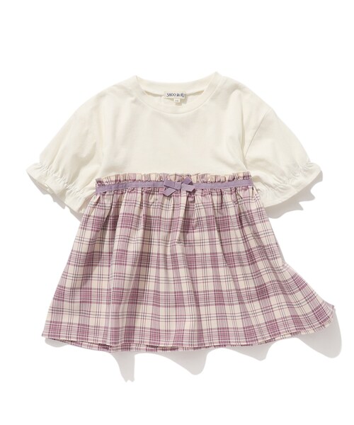 SHOO・LA・RUE(シューラルー)の「◆【110-140cm】ドッキング五分袖プルオーバー(Tシャツ/カットソー・キッズ・ライトパープル/ブラック系/ブラック系1/アイボリー系・14/13/11/12)」の1枚目の写真