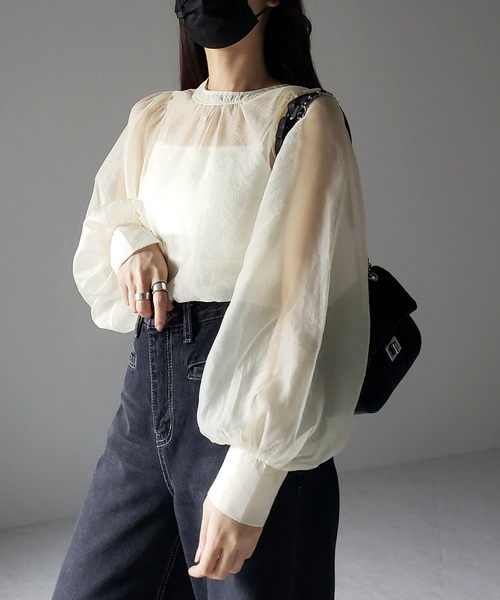 【erme】ボリュームスリーブシアーシャツ me+em select（ミームセレクト）の「※※ボリュームスリーブシアー
