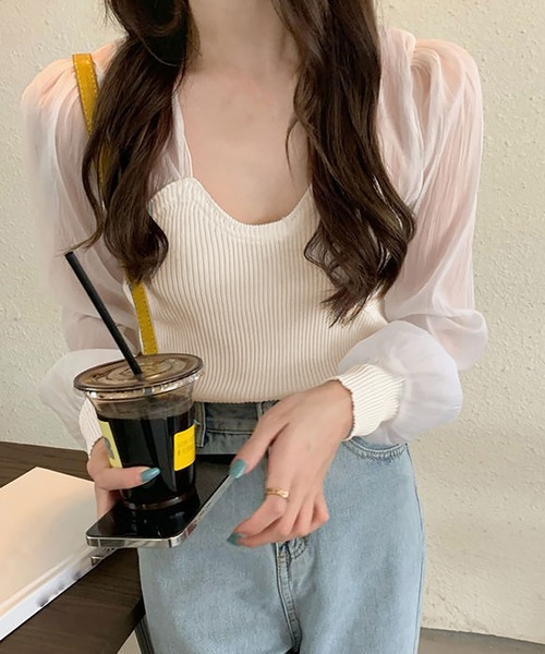 NinaetLina(ニナエリナ)の「シフォン切り替えリブニット(Tシャツ/カットソー・レディース・ホワイト/ブラック・FREE)」の3枚目の写真