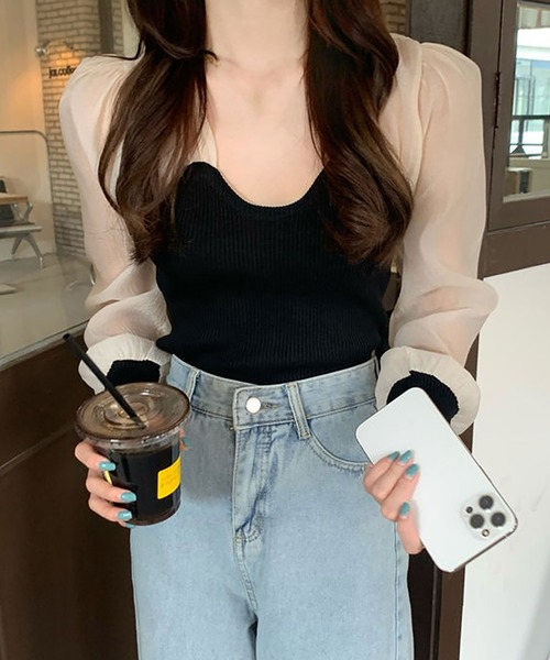 NinaetLina(ニナエリナ)の「シフォン切り替えリブニット(Tシャツ/カットソー・レディース・ホワイト/ブラック・FREE)」の6枚目の写真