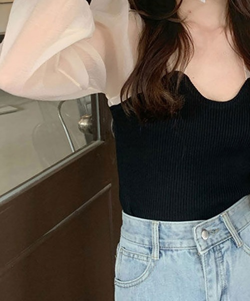 NinaetLina(ニナエリナ)の「シフォン切り替えリブニット(Tシャツ/カットソー・レディース・ホワイト/ブラック・FREE)」の7枚目の写真