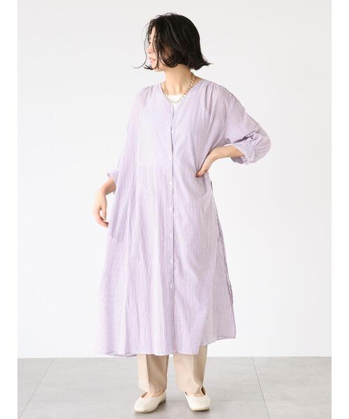 Lugnoncure（ルノンキュール）の「ストライプVネックシャツワンピース（ワンピース・レディース・ベージュ/パープル/ネイビー・F）」の6枚目の写真