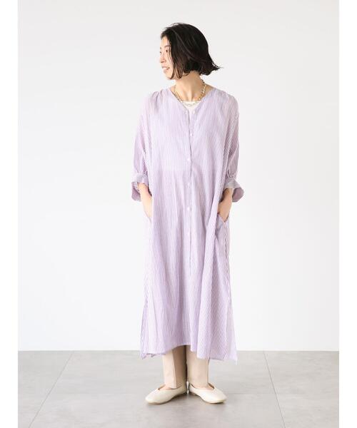 Lugnoncure（ルノンキュール）の「ストライプVネックシャツワンピース（ワンピース・レディース・ベージュ/パープル/ネイビー・F）」の8枚目の写真
