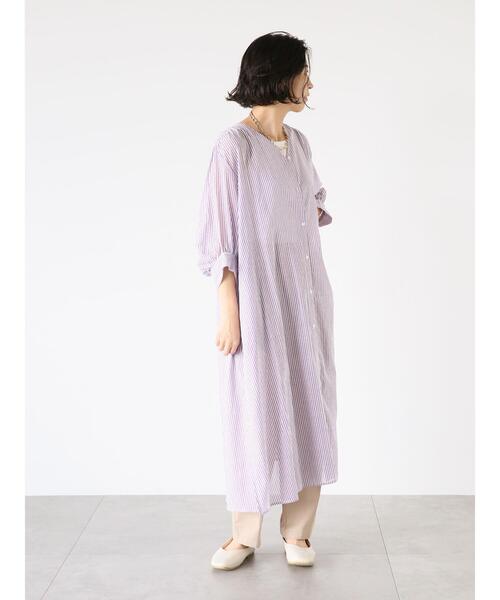 Lugnoncure（ルノンキュール）の「ストライプVネックシャツワンピース（ワンピース・レディース・ベージュ/パープル/ネイビー・F）」の7枚目の写真