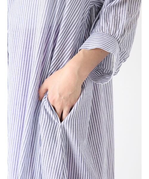 Lugnoncure（ルノンキュール）の「ストライプVネックシャツワンピース（ワンピース・レディース・ベージュ/パープル/ネイビー・F）」の14枚目の写真