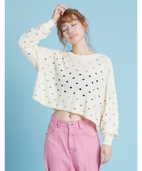 Little sunny bite（リトルサニーバイト）の「【Little sunny bite】Perforated short knit top（ニット/セーター・レディース・グリーン/ホワイト・FREE）」の2枚目の写真