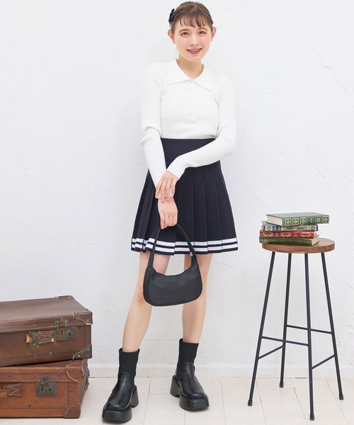 titty&Co. PETIT(ティティアンドコープティ)の「【titty&Co.PETIT 】ジャガードプリーツラインスカート(スカート・レディース・ブラック/ホワイト・FREE)」の4枚目の写真