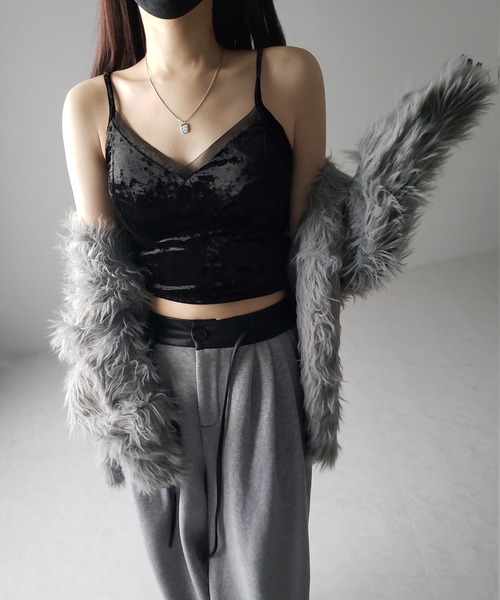 me+em select(ミームセレクト)の「【 カップ付き 】シアーベロアコルセットショートキャミソールビスチェ / sheer velor corset short camisole bustier(キャミソール・レディース・アイボリー/ブラック・FREE)」の7枚目の写真