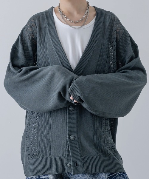 INTER FACTORY(インターファクトリー)の「しの - Loose Sheer Knit Cardigan / ルーズシアーニットカーディガン made in INTER FACTORY(カーディガン/ボレロ・メンズ・ライトグリーン/チャコールグレー・LARGE/MEDIUM/SMALL)」の2枚目の写真