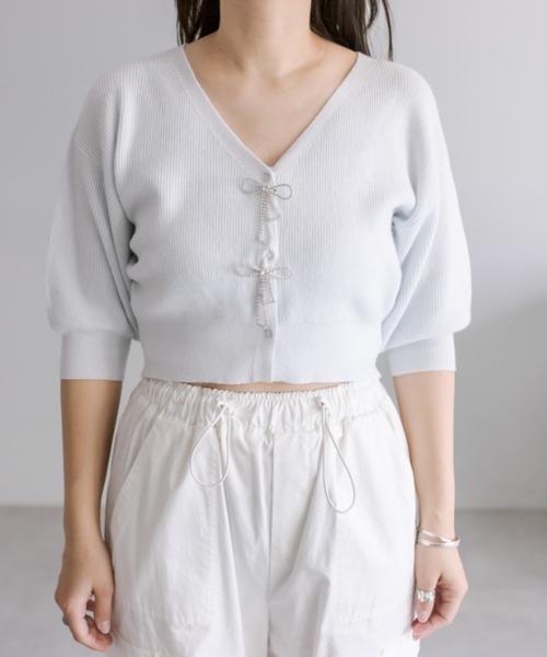 OLIVE des OLIVE(オリーブデオリーブ)の「【WEB限定カラー有】リボンビジュー付き半袖カーディガン(カーディガン/ボレロ・レディース・オフホワイト/サックスブルー/ブラック/ミント/ピンク/レッド・FREE)」の7枚目の写真