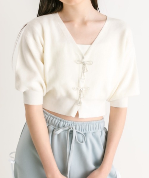 OLIVE des OLIVE(オリーブデオリーブ)の「【WEB限定カラー有】リボンビジュー付き半袖カーディガン(カーディガン/ボレロ・レディース・オフホワイト/サックスブルー/ブラック/ミント/ピンク/レッド・FREE)」の15枚目の写真
