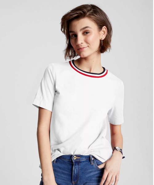 tシャツ ストライプカラークルーネックTシャツ レディース ストライプカラークルーネックTシャツ（Tシャツ/カットソー