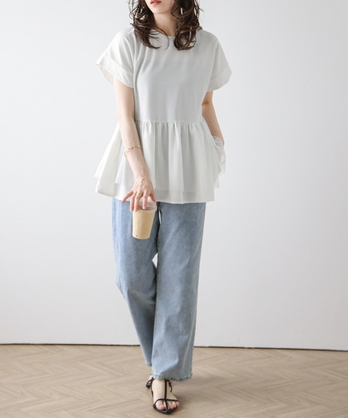 La-gemme(ラジェム)の「異素材MIXペプラムトップス(Tシャツ/カットソー・レディース・ホワイト/ブラック・フリー)」の16枚目の写真