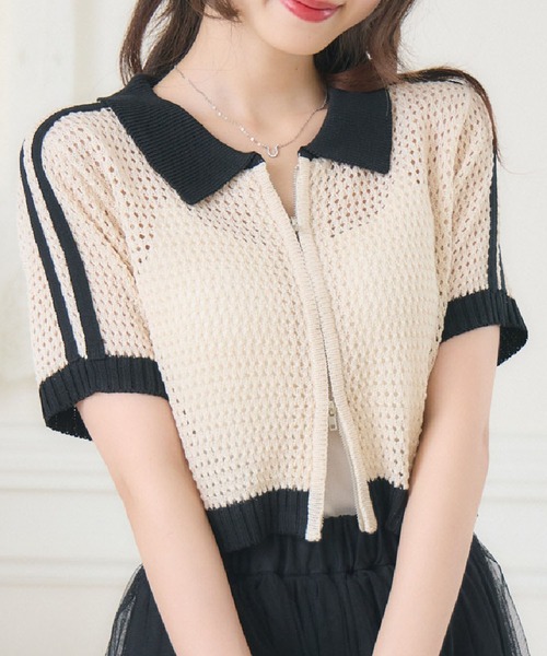 ems excite（エムズエキサイト）の「ラインメッシュZIPNT（ニット/セーター・レディース・ブルー/ブラック/ナチュラル・FREE）」の2枚目の写真