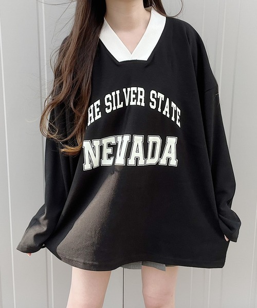 Nana(ナナ)の「Vネックロゴトップス(Tシャツ/カットソー・レディース・ブラック/アッシュグレー・FREE)」の10枚目の写真