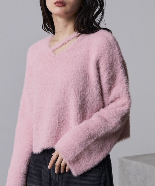 nui nullu（ヌイヌル）の「【nui nullu】カットデザインショートシャギーニット（ニット/セーター・レディース・ピンク/ホワイト/ブルー/グレー/ブラック/ダークグレー・FREE）」の6枚目の写真
