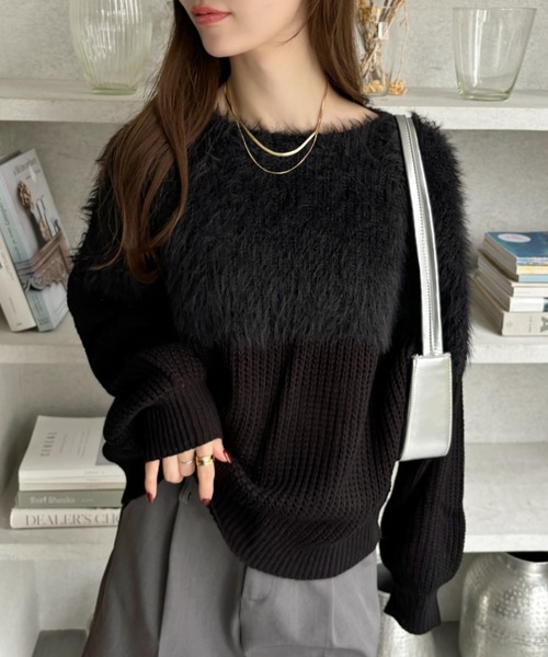 Ada.（エイダ）の「シャギー ドッキング 切り替え オーバーサイズ ニット（ニット/セーター・レディース・ブラック/ホワイト/ライトグレー/ピンク・FREE）」の19枚目の写真