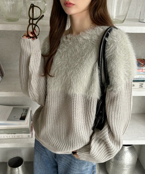 Ada.（エイダ）の「シャギー ドッキング 切り替え オーバーサイズ ニット（ニット/セーター・レディース・ブラック/ホワイト/ライトグレー/ピンク・FREE）」の7枚目の写真
