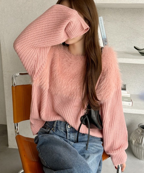 Ada.（エイダ）の「シャギー ドッキング 切り替え オーバーサイズ ニット（ニット/セーター・レディース・ブラック/ホワイト/ライトグレー/ピンク・FREE）」の13枚目の写真