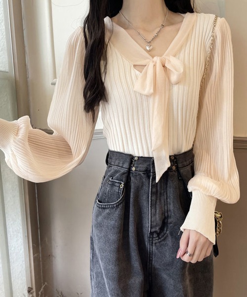 Miniministore(ミニミニストア)の「プリーツ リブニット トップス 異素材(シャツ/ブラウス・レディース・ベージュ/ホワイト/ブラック・FREE)」の3枚目の写真