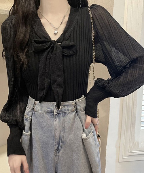 Miniministore(ミニミニストア)の「プリーツ リブニット トップス 異素材(シャツ/ブラウス・レディース・ベージュ/ホワイト/ブラック・FREE)」の4枚目の写真