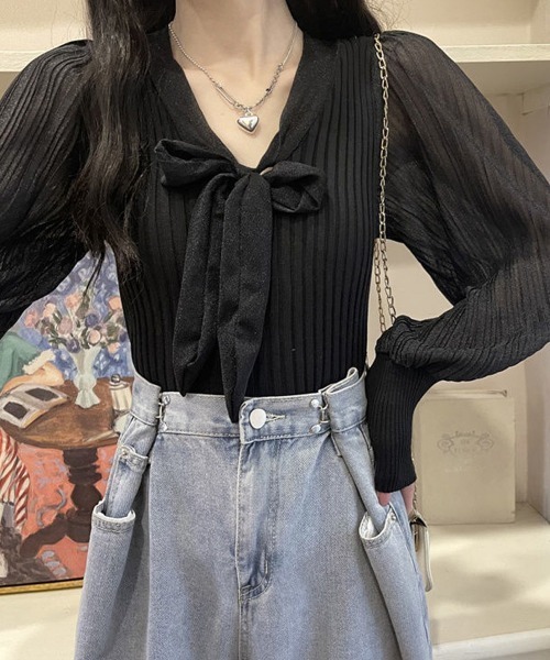 Miniministore(ミニミニストア)の「プリーツ リブニット トップス 異素材(シャツ/ブラウス・レディース・ベージュ/ホワイト/ブラック・FREE)」の6枚目の写真