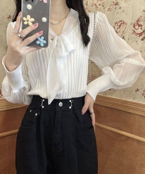 Miniministore(ミニミニストア)の「プリーツ リブニット トップス 異素材(シャツ/ブラウス・レディース・ベージュ/ホワイト/ブラック・FREE)」の7枚目の写真