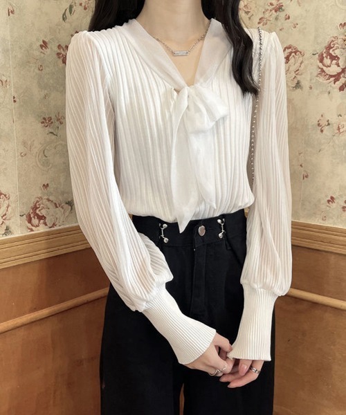 Miniministore(ミニミニストア)の「プリーツ リブニット トップス 異素材(シャツ/ブラウス・レディース・ベージュ/ホワイト/ブラック・FREE)」の8枚目の写真