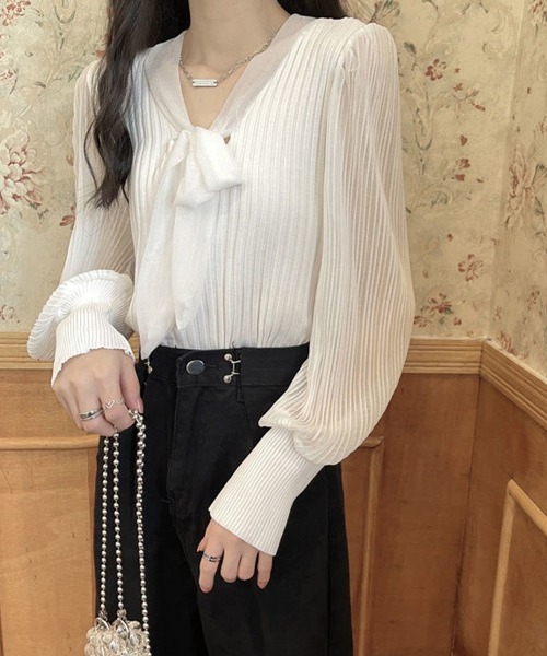 Miniministore(ミニミニストア)の「プリーツ リブニット トップス 異素材(シャツ/ブラウス・レディース・ベージュ/ホワイト/ブラック・FREE)」の9枚目の写真